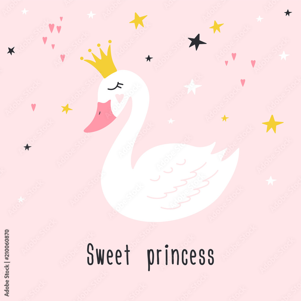 Cute princess swan on pink background with text Sweet princess. Hand drawn vector illustration