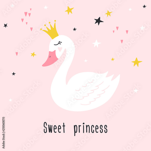 Fototapeta Naklejka Na Ścianę i Meble -  Cute princess swan on pink background with text Sweet princess. Hand drawn vector illustration
