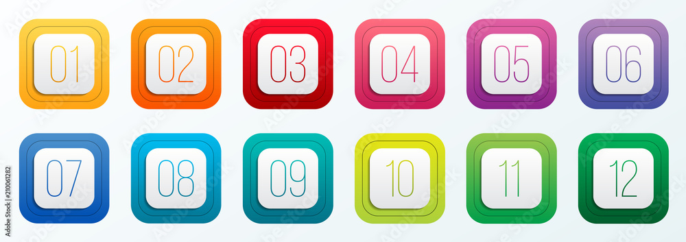 Creative vector illustration of number bullet points set 1 to 12 isolated on transparent background. Art design. Flat color gradient web icons template. Abstract concept graphic element Creative vector illustration of number bullet points set 1 to 12 isolated on transparent background. Art design. Flat color gradient web icons template. Abstract concept graphic element