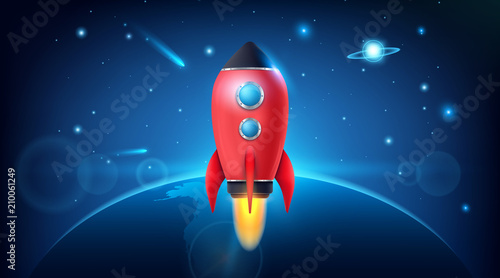 Vector illustration of realistic 3D rocket space ship launch isolated on transparent background. Space exploration. Art design startup creative idea. Abstract concept graphic element