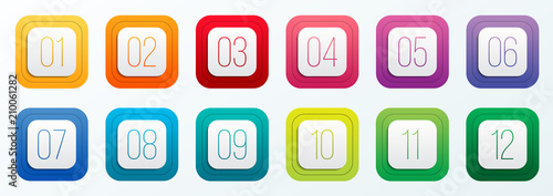 Creative vector illustration of number bullet points set 1 to 12 isolated on transparent background. Art design. Flat color gradient web icons template. Abstract concept graphic element
