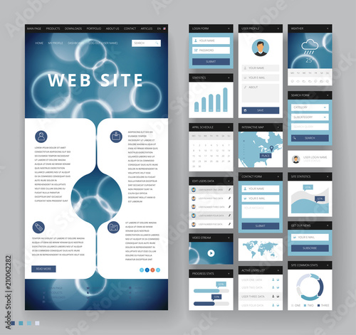 Website template design with interface elements