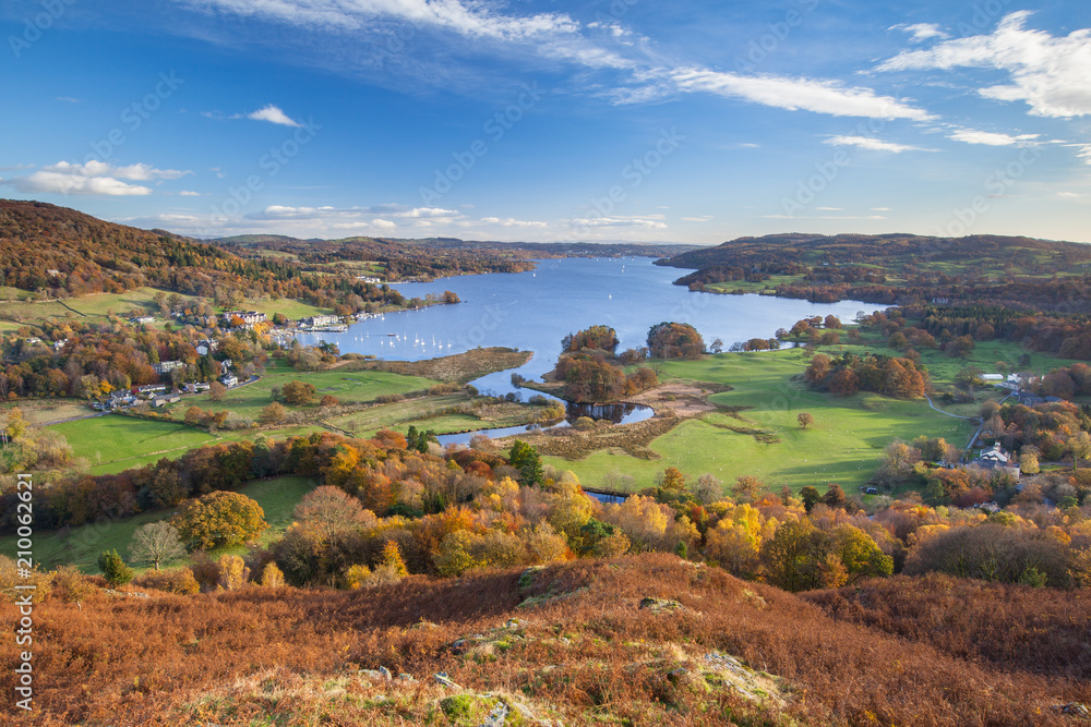 View of Windermere in the English Lake District, from Todd Crag, on a sunny autumn day.