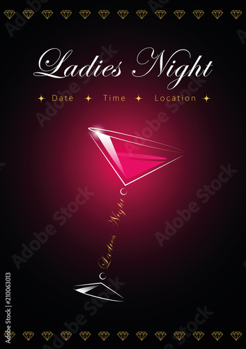 ladies night plakat schwarz pink mit cocktail