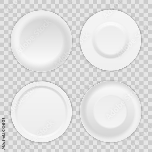 Creative vector illustration set of 3D white round realistic plate dish isolated on transparent background. Art design porcelain soup empty utensil, bowl. Abstract concept graphic dishware element