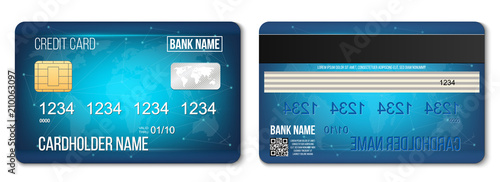 Creative vector illustration of bank plastic credit card set isolated on transparent background. Art design two sides realistic mockup template. Abstract concept graphic detailed glossy element