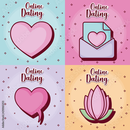 icon set of online dating over colorful squares, vector illustration