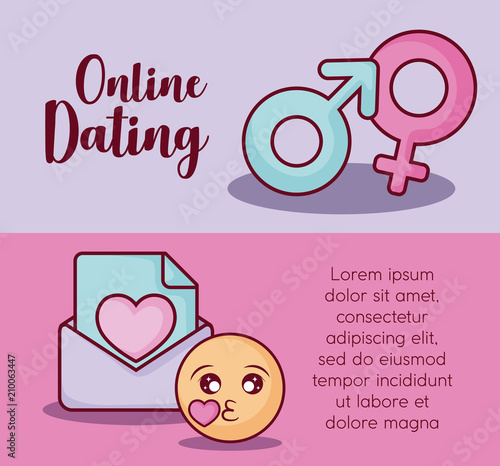 Infographic presentation of online dating concept with gender symbols and envelope icons over colorful background, vector illustration