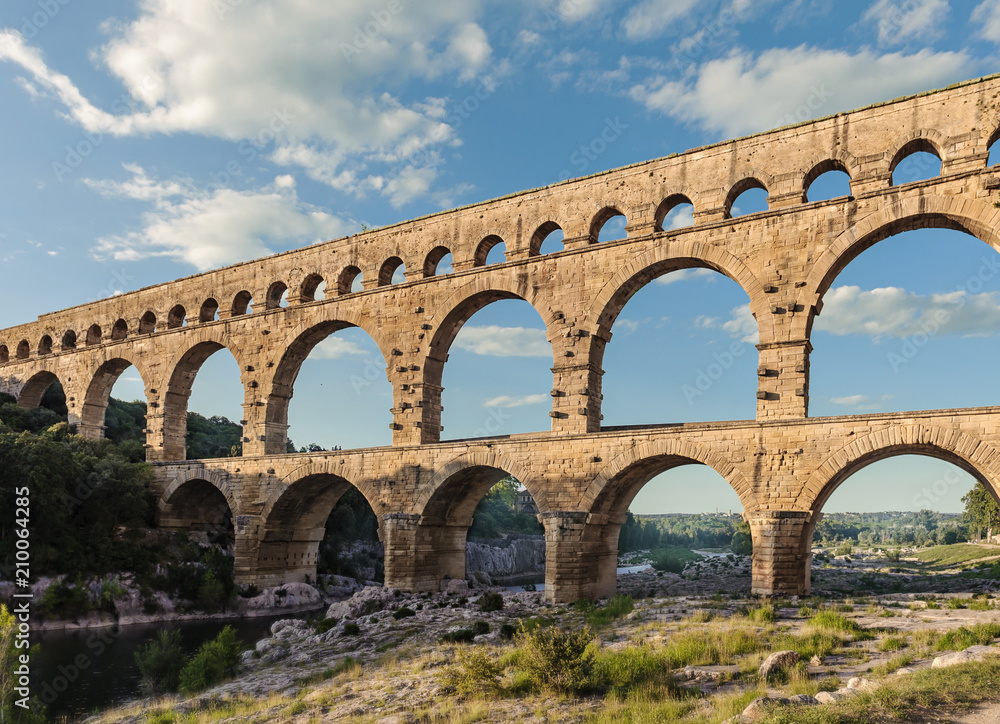 Roman aqueduct, Pont du Gard, Languedoc-Roussillon France, aerial view