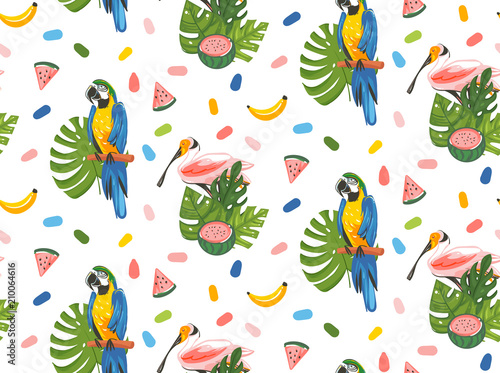 Hand drawn vector abstract cartoon summer time graphic illustrations artistic seamless pattern with toucan birds,watermelon,banana fruits and exotic tropical palm leaves isolated on white background