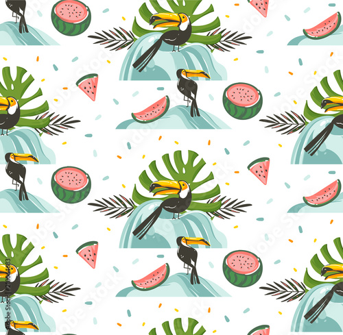 Hand drawn vector abstract graphic cartoon summer time flat illustrations seamless pattern with tropical birds toucan beach scene watermelons and palm leaves isolated on white background