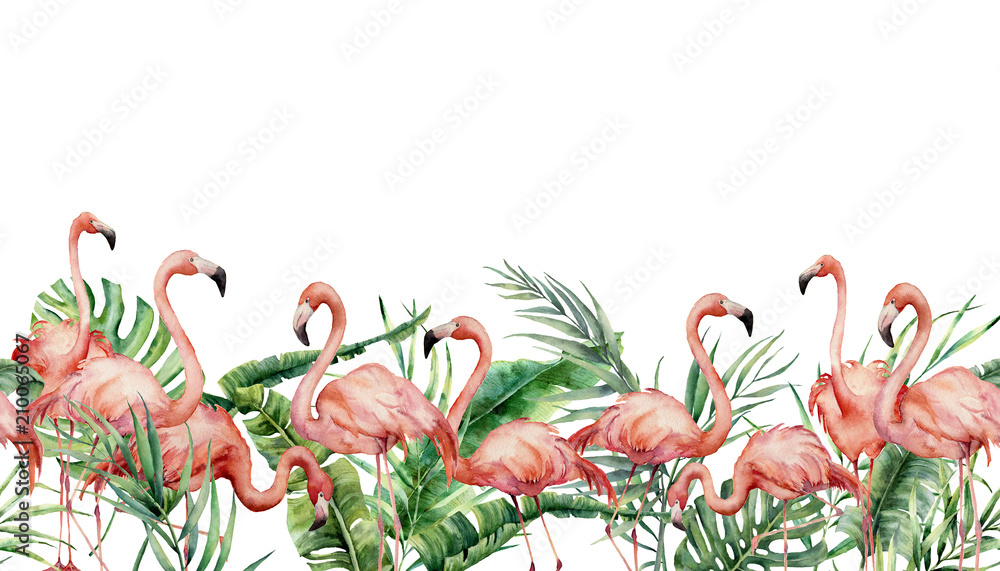 Watercolor tropical seamless border with flamingo and exotic leaves