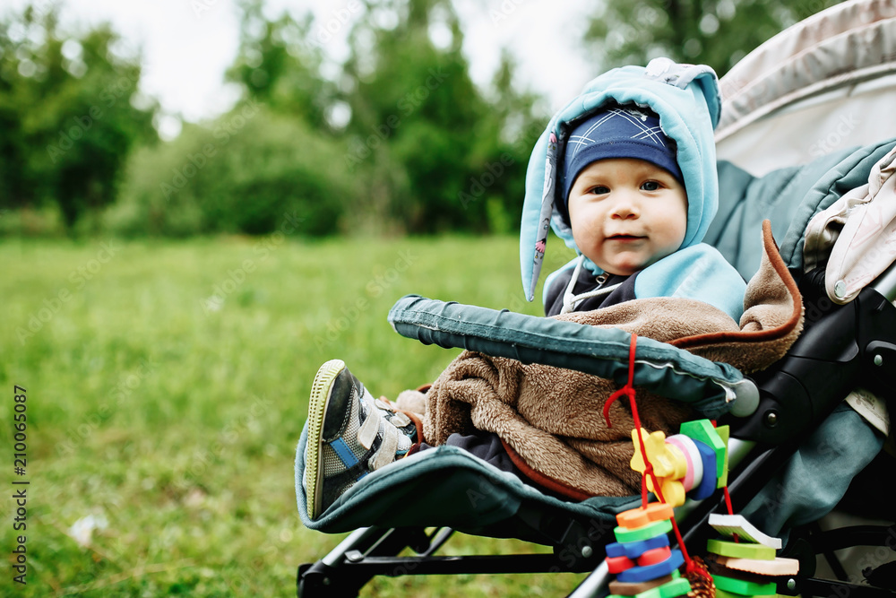 Fototapeta premium Little baby boy sitting in the stroller at the green garden.