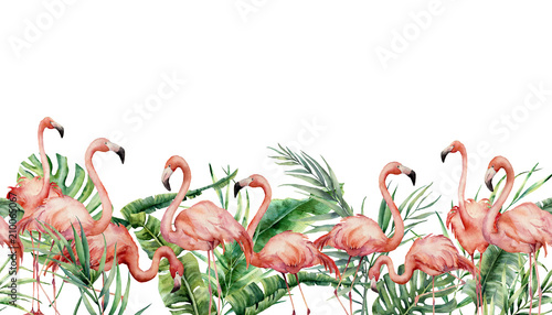 Watercolor tropical seamless border with flamingo and exotic leaves. Hand painted floral illustration with pink birds, banana, coconut and monstera branch isolated on white background for design.