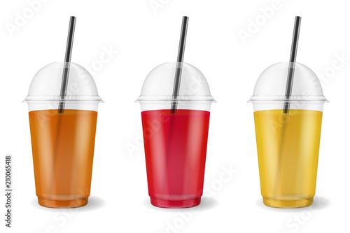 Vector realistic 3d clear plastic disposable transparent cup with pipe set. Fresh tea, orange, apple and berry juice set. Mug of fruit organic shake, cocktail. Vegetarian healthy natural food. Closeup