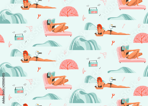 Hand drawn vector abstract graphic cartoon summer time flat illustrations seamless pattern with girls characters relax on the beach with record player isolated on white background