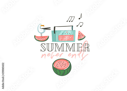Hand drawn vector abstract graphic cartoon summer time flat illustrations print with watermelons,seagulls and Summer never ends typography quote isolated on white background