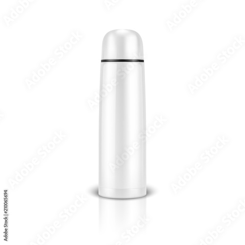 Vector realistic 3d wgite empty glossy metal vacuum thermo tumbler flask closeup isolated on white background. Design template of packaging mockup for graphics. Front view