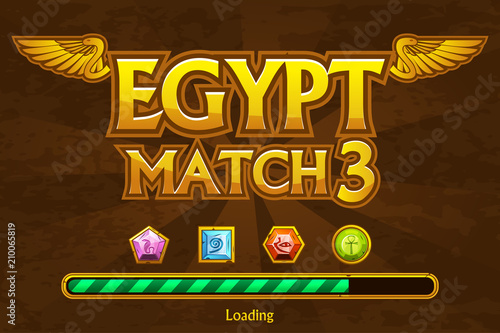 Egyptian match3 on background and jewels icons. Button play and loading game