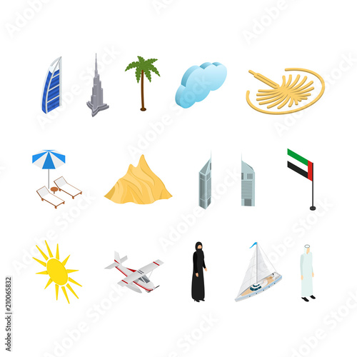 Dubai UAE Travel and Tourism Icons 3d Isometric View. Vector