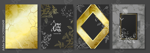 Luxury cards collection with marble texture ,hand-drawn flowers and gold geometric shape.Vector trendy background. Modern set of abstract card, template,posters,invitational.