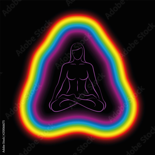 Meditating woman in yoga position with colorful aura or subtle body. Isolated vector illustration on black background.