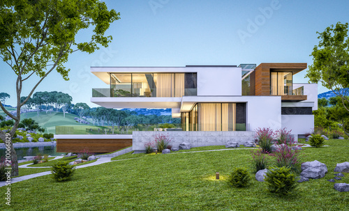 3d rendering of modern house by the river at evening