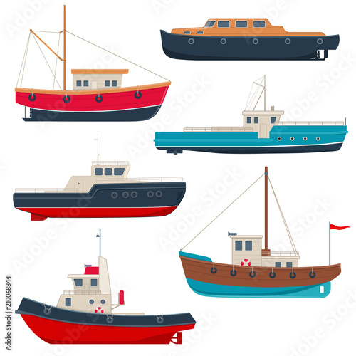 Set of different working fishing boats and tug boats