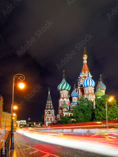 Night view on illuminated famous Saint Basil Cathedral on Red Square. Long exposure. Moscow, Russia.