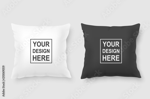 Vector realistic 3d white and black pillow set closeup isolated on white background. Design template for graphics and mockup. Top view