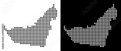 Vector rhombus dotted Arab Emirates map. Abstract geographic maps in black and white colors on white and black backgrounds. Arab Emirates map created of rhombic dot mosaic.
