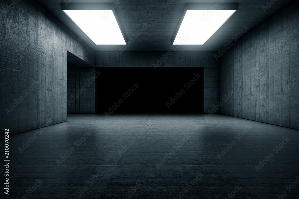 Empty dark abstract concrete room with the gate. Interior concept background. 3d illustration Empty dark abstract concrete room with the gate. Interior concept background. 3d illustration