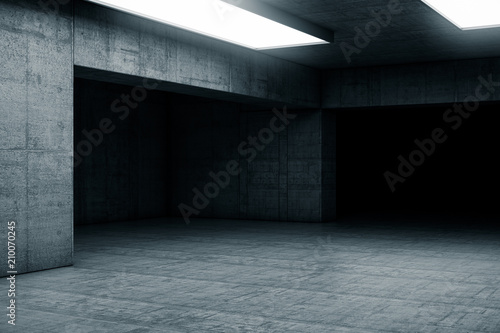 Empty dark abstract concrete room with the gate. Interior concept background. 3d illustration