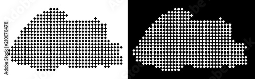 Vector rhombus dotted Bhutan map. Abstract geographical maps in black and white colors on white and black backgrounds. Bhutan map organized of rhombic pixel grid.