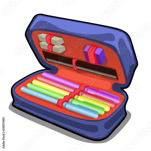 School pencil case with stationery set isolated on white background. Vector cartoon close-up illustration.