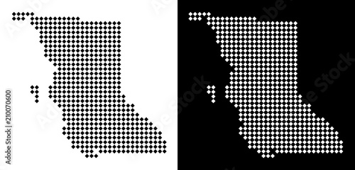 Vector rhombus dotted British Columbia Province map. Abstract geographical maps in black and white colors on white and black backgrounds.