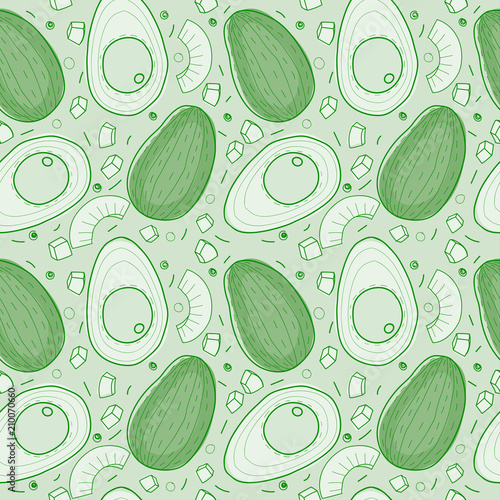 Scandinavian style botanical green avocado fruit and slices line art repeating pattern on a green abstract background