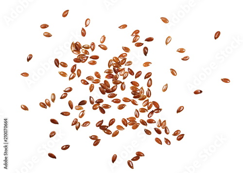 pile flax seeds isolated on white background, top view, linseed