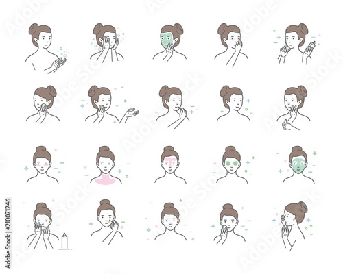 Woman take care about face. Steps how to apply facial serum. Vector isolated illustrations set.