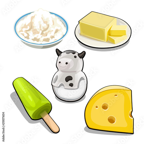 A set of items and food on the theme of cows milk isolated on white background. Vector cartoon close-up illustration.