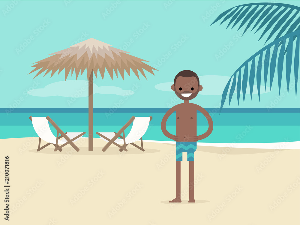 Young character on vacation. Beach landscape. Two chaise lounges under the palm tree umbrella. Background. Paradise. Flat editable vector illustration, clip art