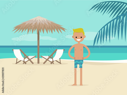 Young character on vacation. Beach landscape. Two chaise lounges under the palm tree umbrella. Background. Paradise. Flat editable vector illustration, clip art