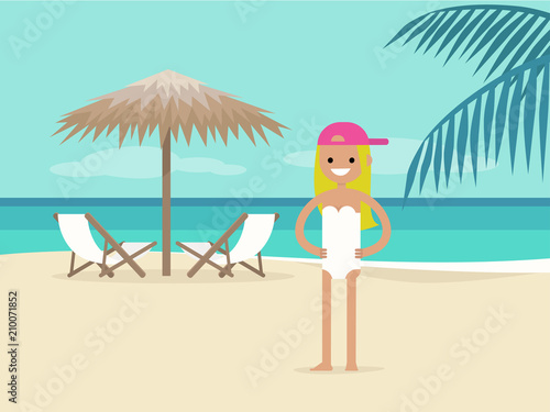 Young character on vacation. Beach landscape. Two chaise lounges under the palm tree umbrella. Background. Paradise. Flat editable vector illustration, clip art