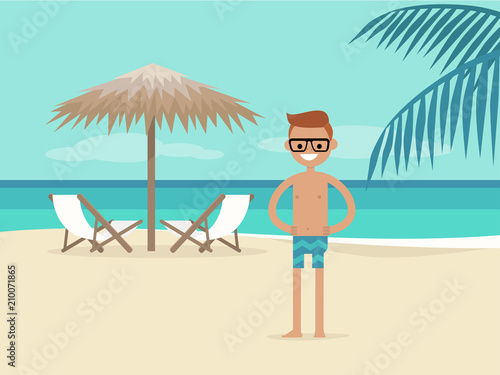 Young character on vacation. Beach landscape. Two chaise lounges under the palm tree umbrella. Background. Paradise. Flat editable vector illustration, clip art