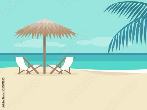 Empty beach landscape. Two chaise lounges under the palm tree umbrella. No people. Background. Paradise. Flat editable vector illustration, clip art