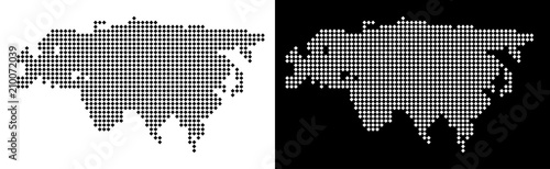 Vector rhombic dotted Europe and Asia map. Abstract geographic maps in black and white colors on white and black backgrounds. Europe and Asia map done of rhombic dot pattern.