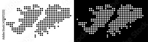Vector rhombic dotted Falkland Islands map. Abstract geographical maps in black and white colors on white and black backgrounds. Falkland Islands map constructed of rhombic element pattern.