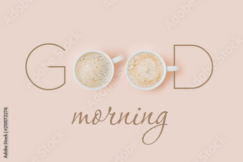 Wallpaper Mural Good morning card with Coffee cups on pale pink background. Flat lay, top view Torontodigital.ca