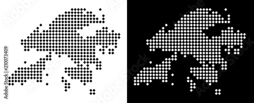 Vector rhombic pixel Hong Kong map. Abstract geographic maps in black and white colors on white and black backgrounds. Hong Kong map done of rhombus item mosaic.