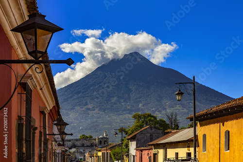 Guatemala. Antigua. Dormant Agua Volcano (Volcan de Agua) overlooks the city